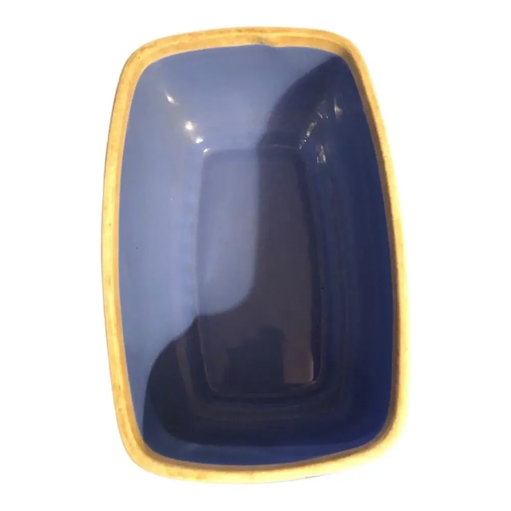 Vintage Hall Pottery Montgomery Ward Blue Gold Trim Rectangular Dish 8” USA